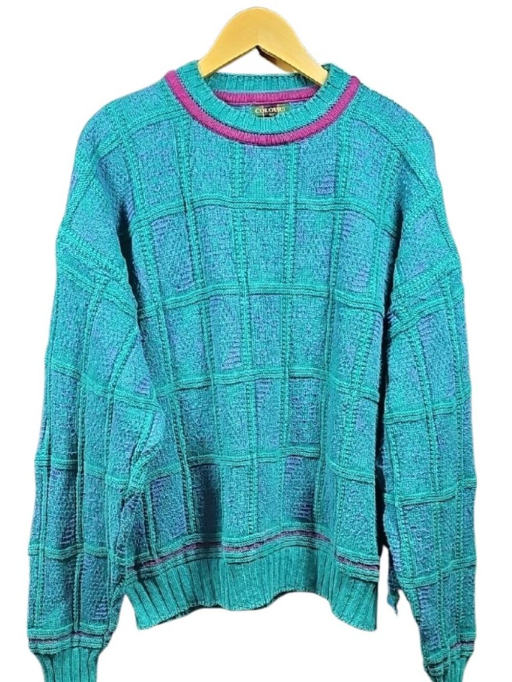 Colours by Alexander Julian Vtg 90s Cable Knit Sweater Teal Purple L Made USA